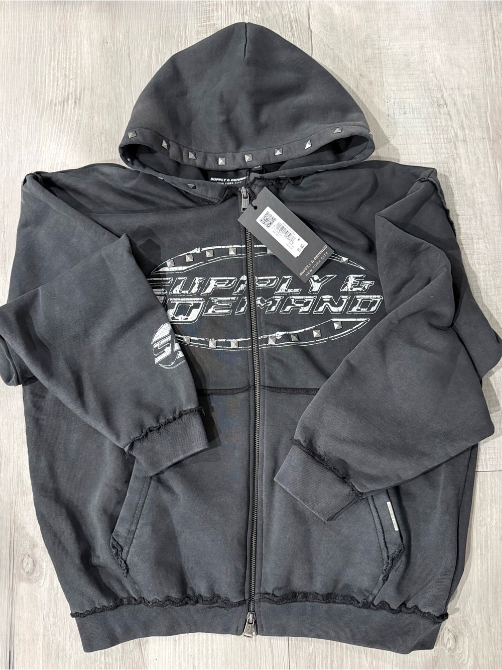 Men’s Gray ‘Supply & Demand' Stud-Trim Zip Hoodie NWT